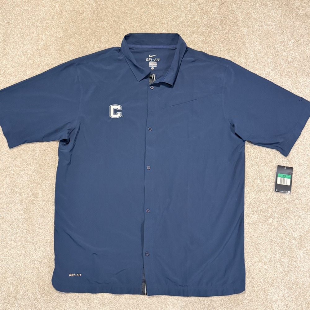 Nike Button Up Shirt Mens XL Navy Blue Dri-FIT Short Sleeve Logo 359748-419